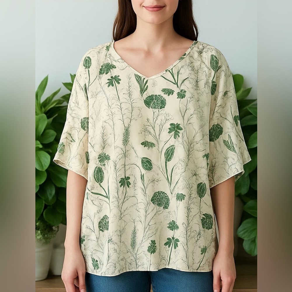 NWT!Cream and Green floral 3/4 Sleeve Relaxed Fit Blouse size 22-24 or 3X